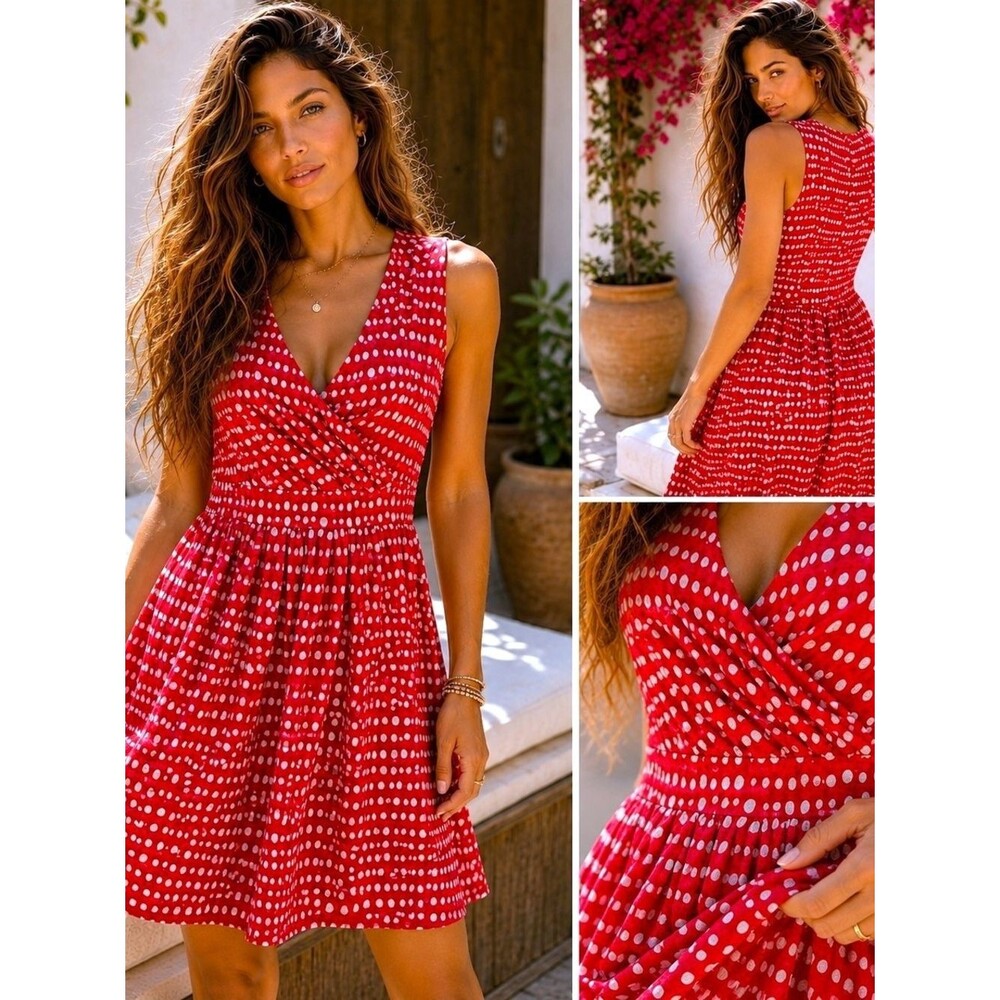 Lands End M Coastal Chic Polka Dot Fit Flare Shift Dress Red White Pima Cotton